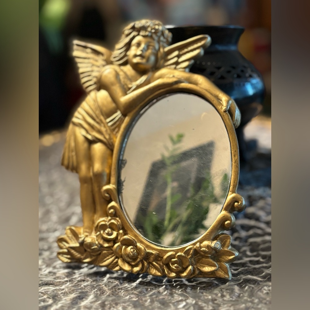 Vintage Gold Cherub Mirror w/ Roses • Romantic Angel Vanity Décor • Collectible - Picture 14 of 14
